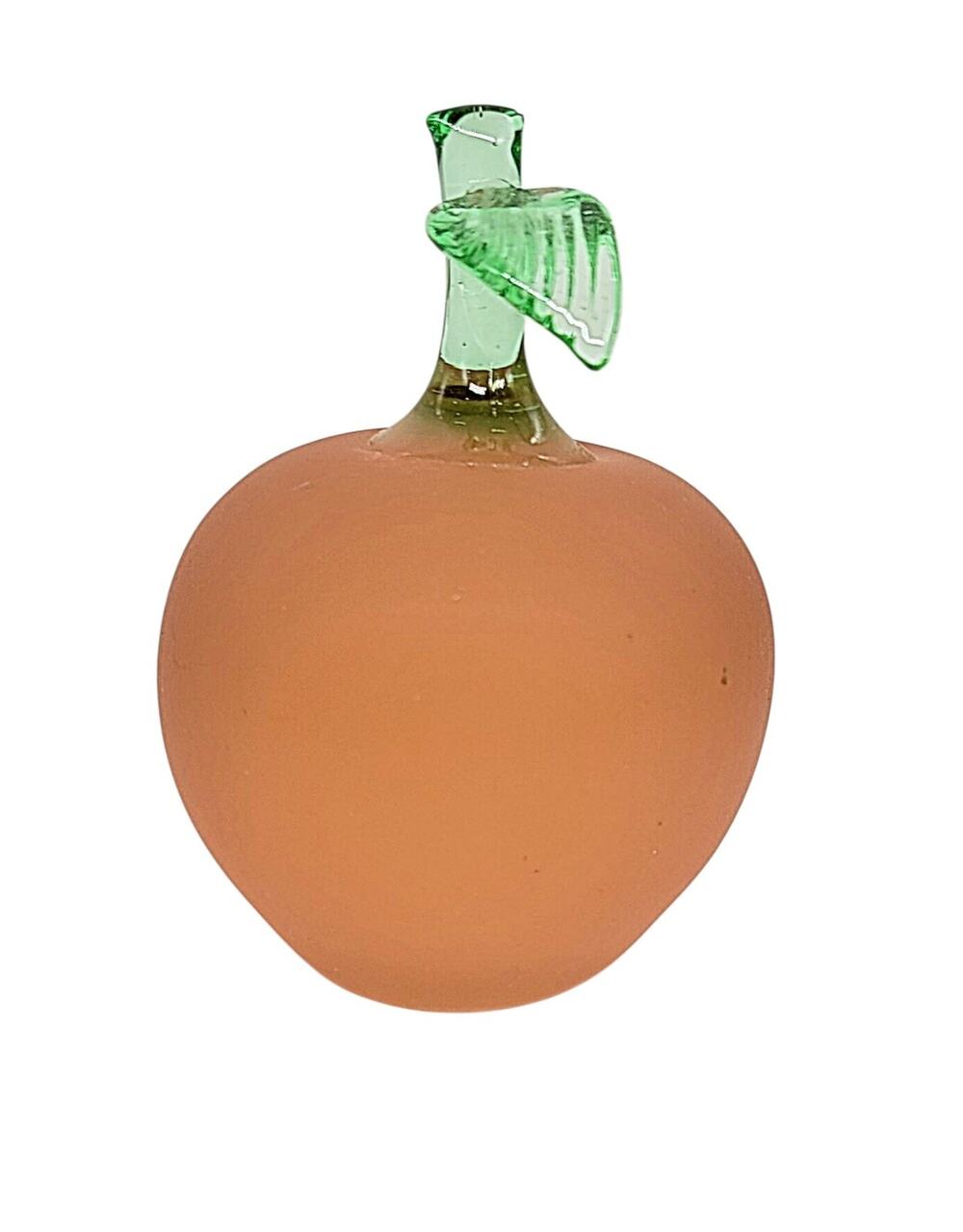 Vintage Satin Glass Peach Fruit with Green Stem and Leaf Paperweight 3.5" GRS